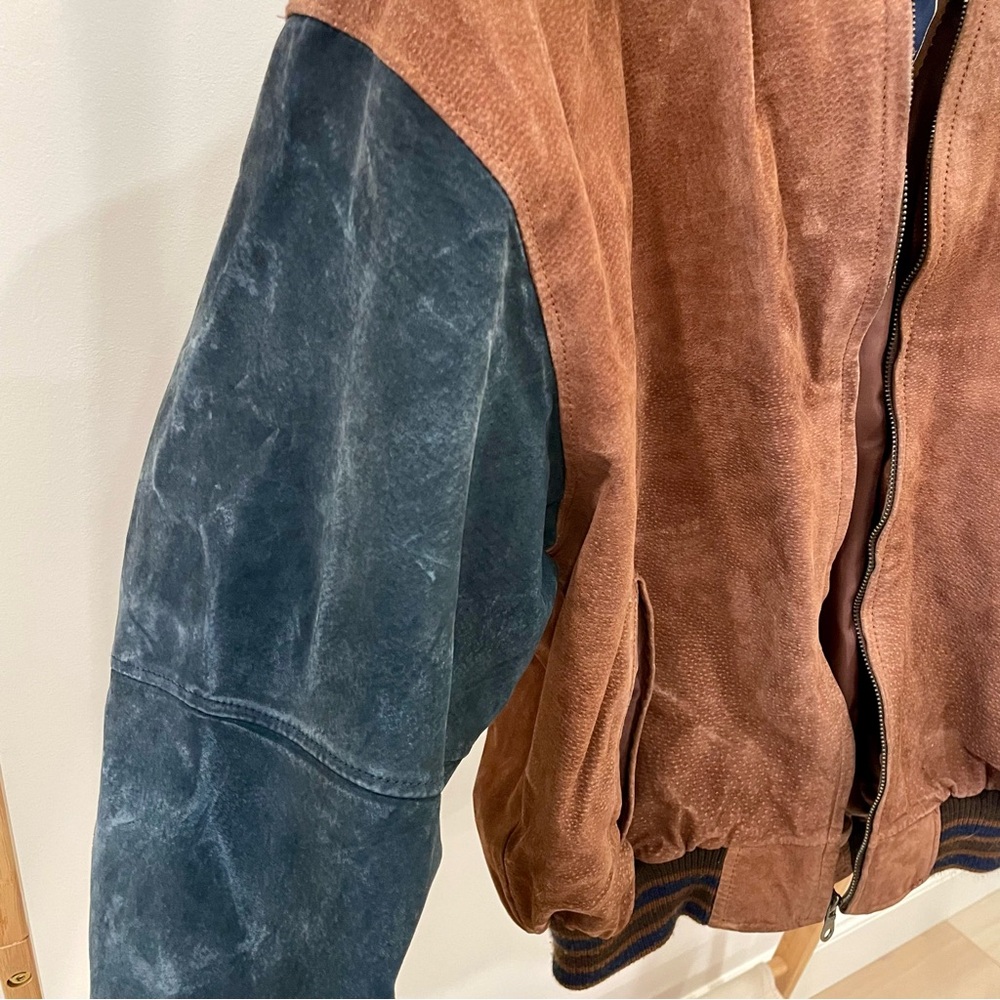 Vintage Suede Leather Varsity Baseball Bomber Jacket in Navy/Caramel Brown - Picture 4 of 6